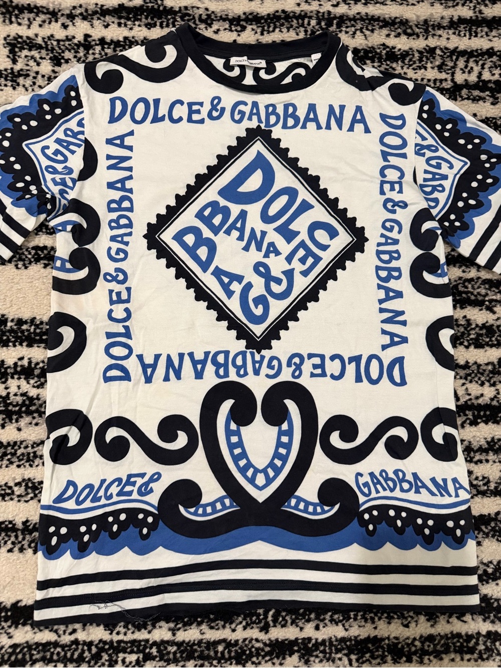 Dolce & Gabbana White, Blue & Black Logo Bandana Print Tee